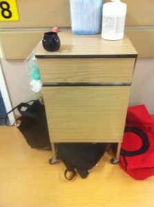 Storage is at a premium on 3B. This is my dresser, supply closet, and  general storage.  Everything that cannot go into Ryleigh's room is in here.  Her room is right in front of the nurses station...really fun leaving my room in the morning and seeing a crowd of nurses. I grab my stuff and head to the washroom as quickly as possible to avoid jokes about my bed head!  